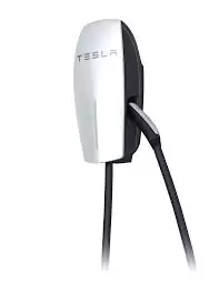 A Tesla wall connector for electric vehicle charging, with cable draped to the side.